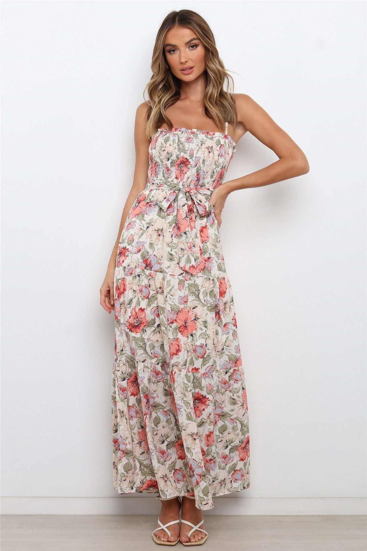 Lilyanne Floral Smocked Tie Strap Maxi Dress - Blush Multi