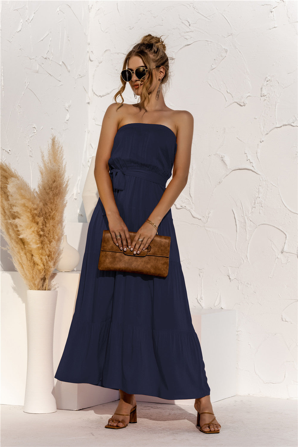 Free Falling Strapless Tiered Maxi Dress - Deep Navy