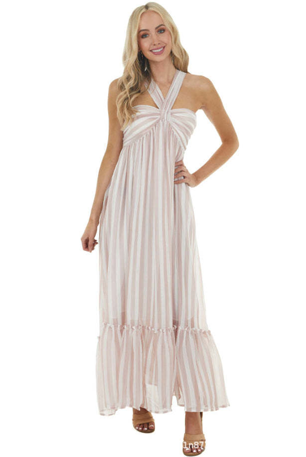 Evelyn Striped Halter Maxi Dress - Blush Multi