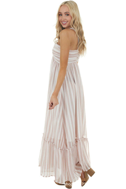 Evelyn Striped Halter Maxi Dress - Blush Multi