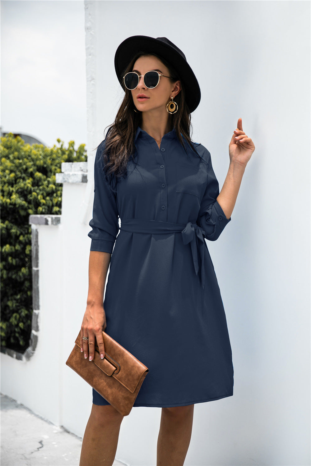 Office Chic Button Down Shirt Dress - Navy