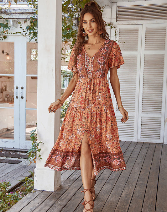 Frenzy Paisley Tie Front Cutout Maxi Dress