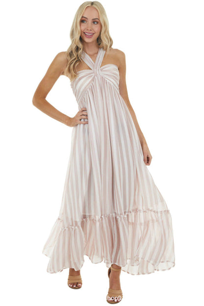 Evelyn Striped Halter Maxi Dress - Blush Multi