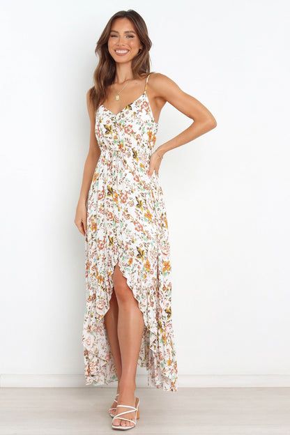 Bingham Satin Floral Ruffle Maxi Dress - Cream