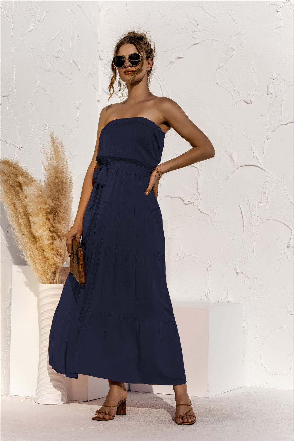 Free Falling Strapless Tiered Maxi Dress - Deep Navy