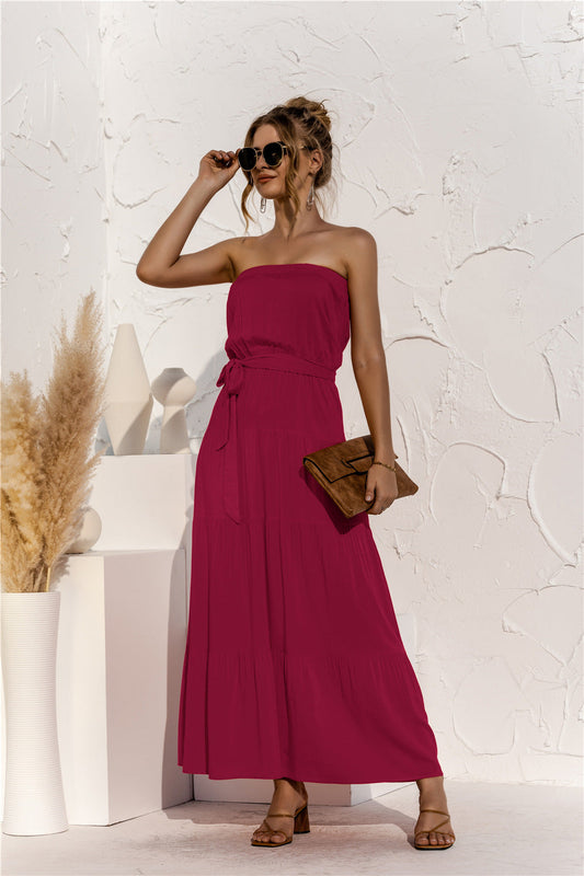 Free Falling Strapless Tiered Maxi Dress - Merlot