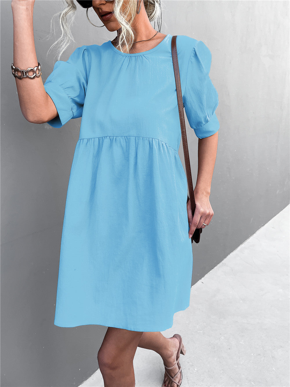 Marketa Puff Sleeve Babydoll Dress - Blue