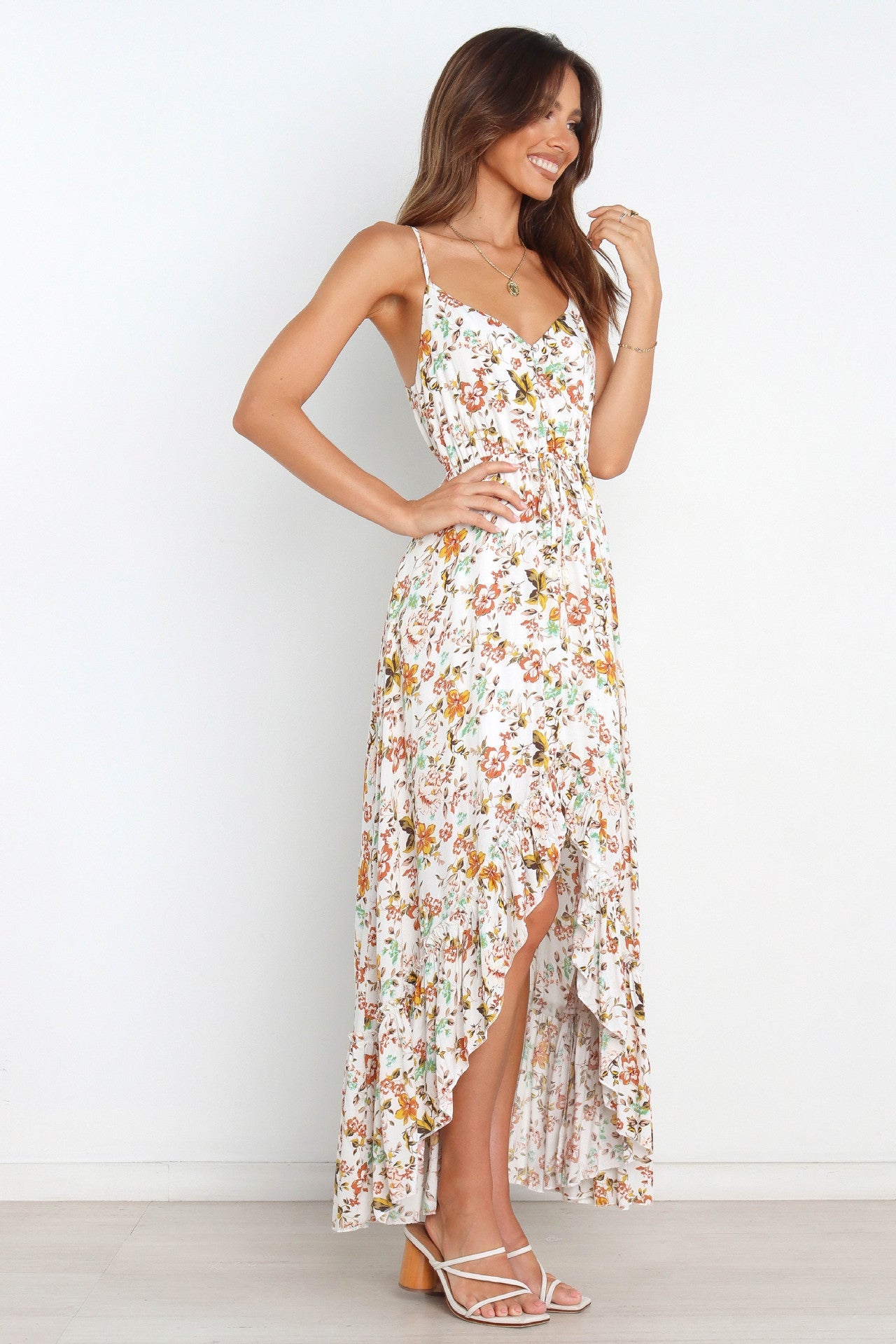 Bingham Satin Floral Ruffle Maxi Dress - Cream