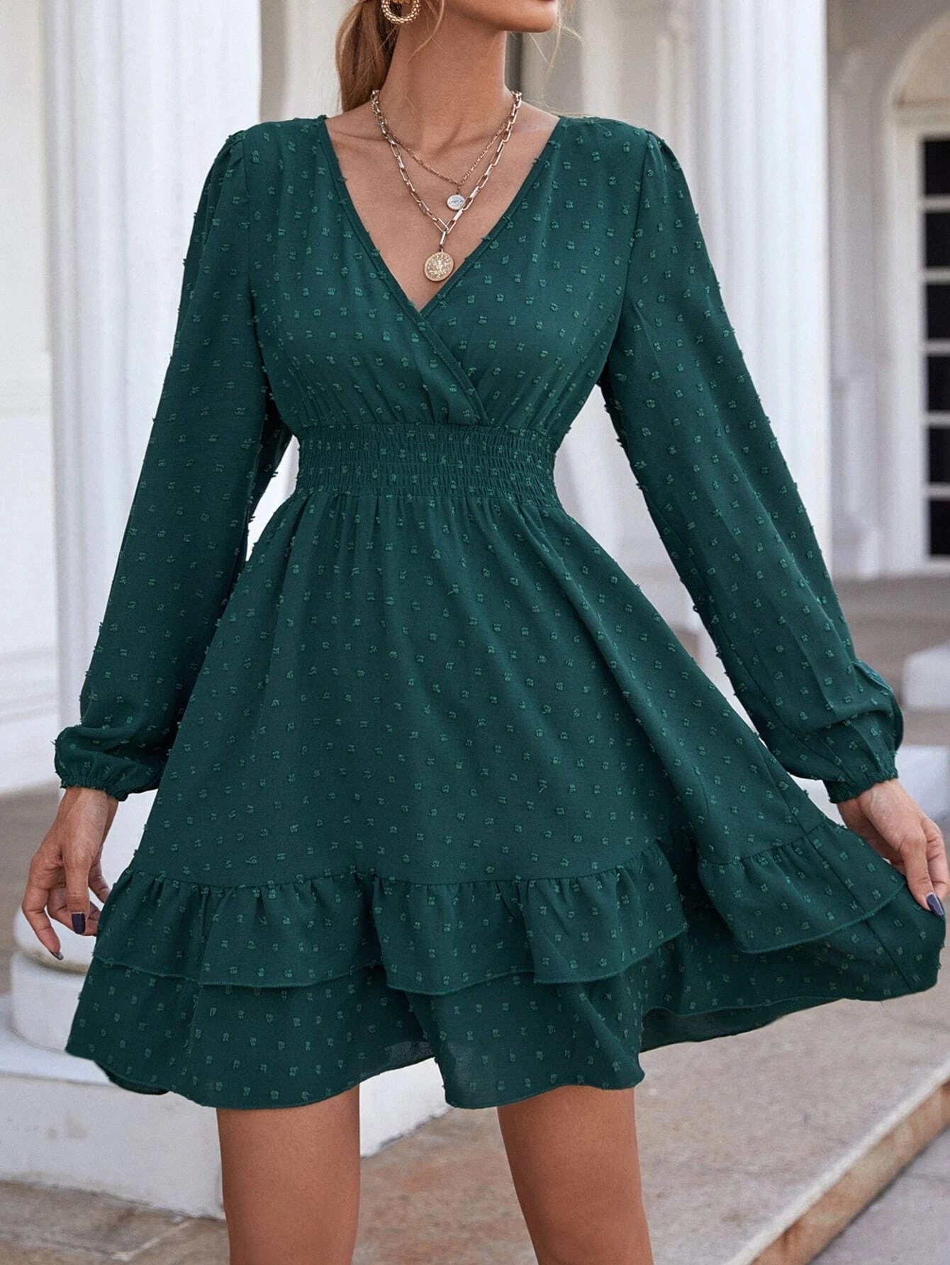 Samar Satin Embossed Cowl Neck Dress - Hunter Green