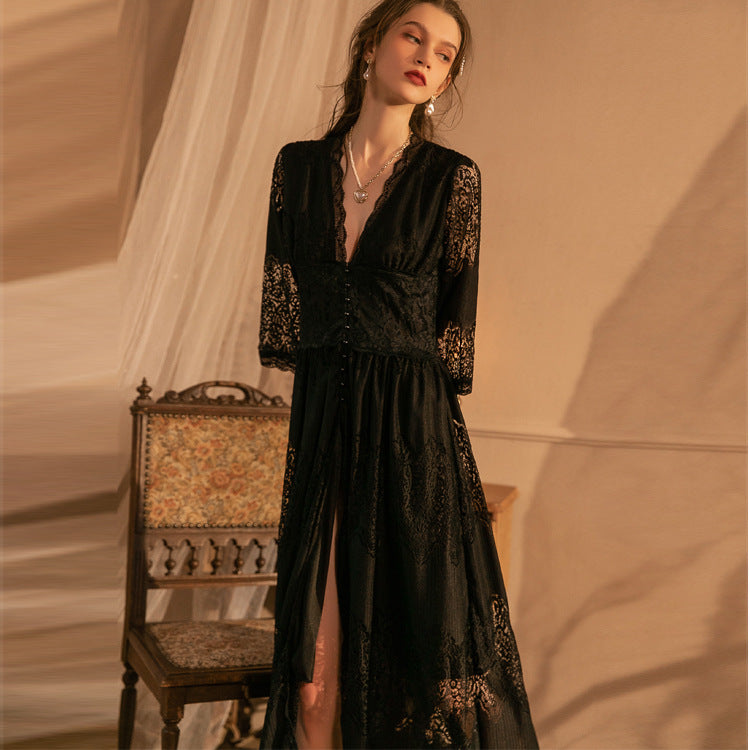 Emma Sheer Crochet Lace Maxi Dress - Black