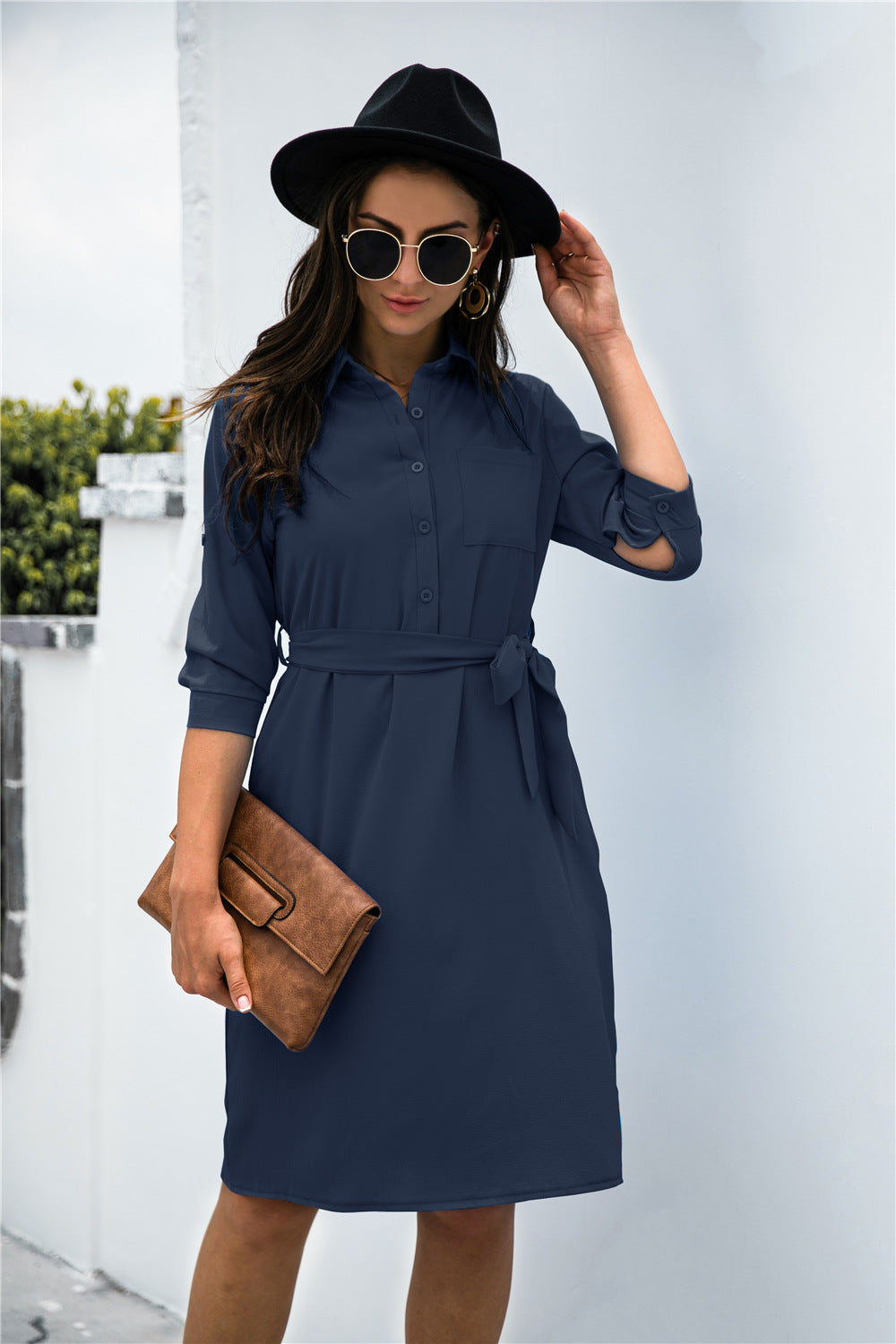 Office Chic Button Down Shirt Dress - Navy