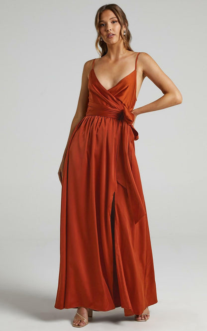 Limelight Satin High Low Maxi Dress - Camel