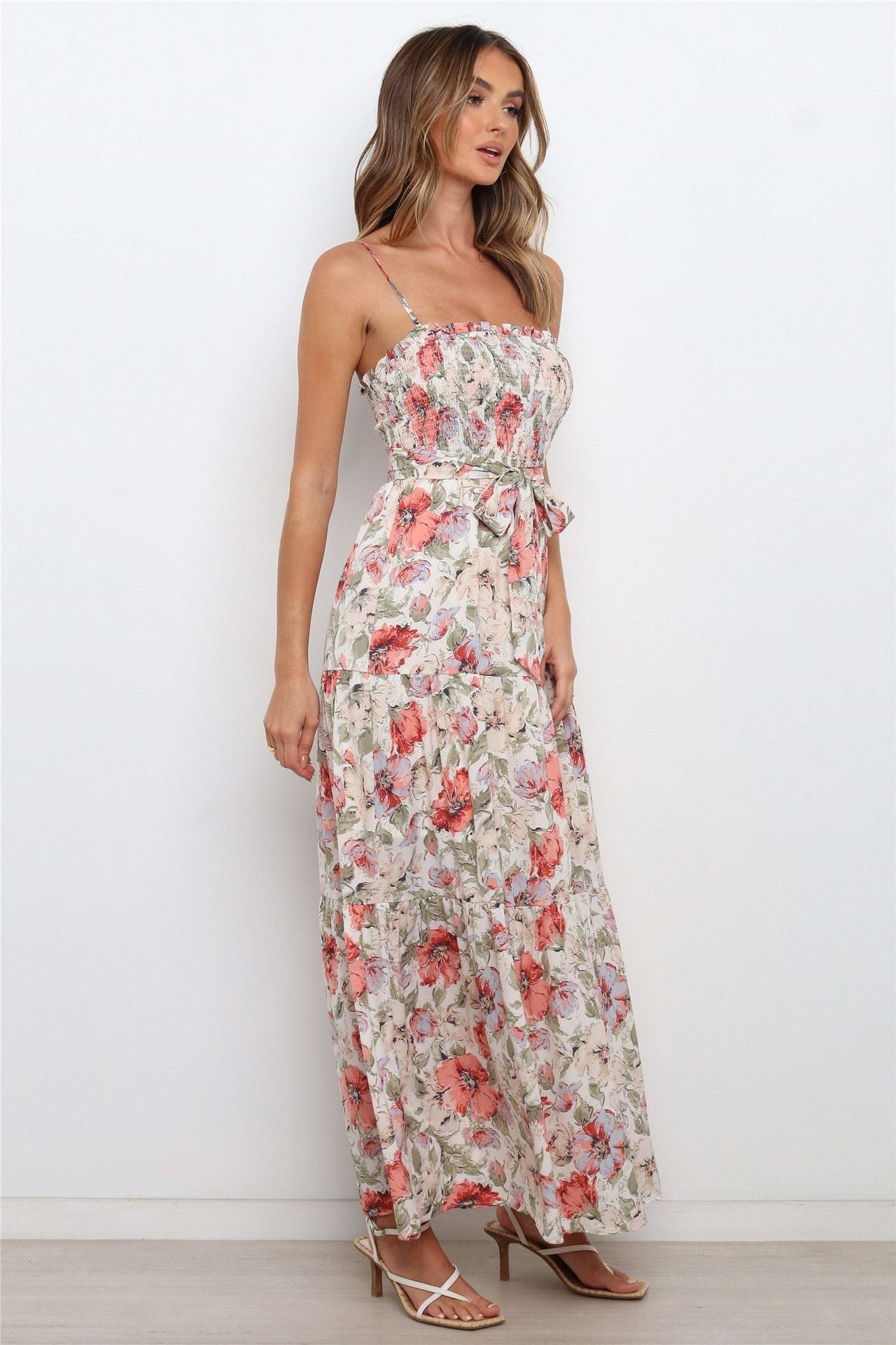 Lilyanne Floral Smocked Tie Strap Maxi Dress - Blush Multi