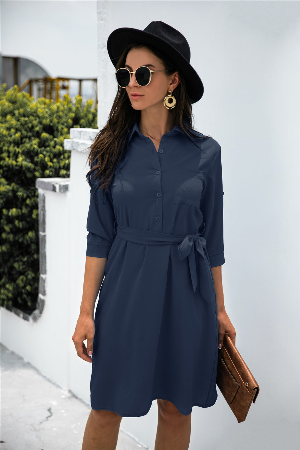 Office Chic Button Down Shirt Dress - Navy