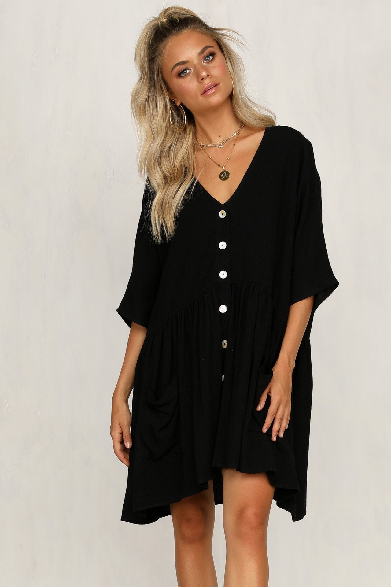 Palmer Pocketed Button Down Babydoll Dress - Black