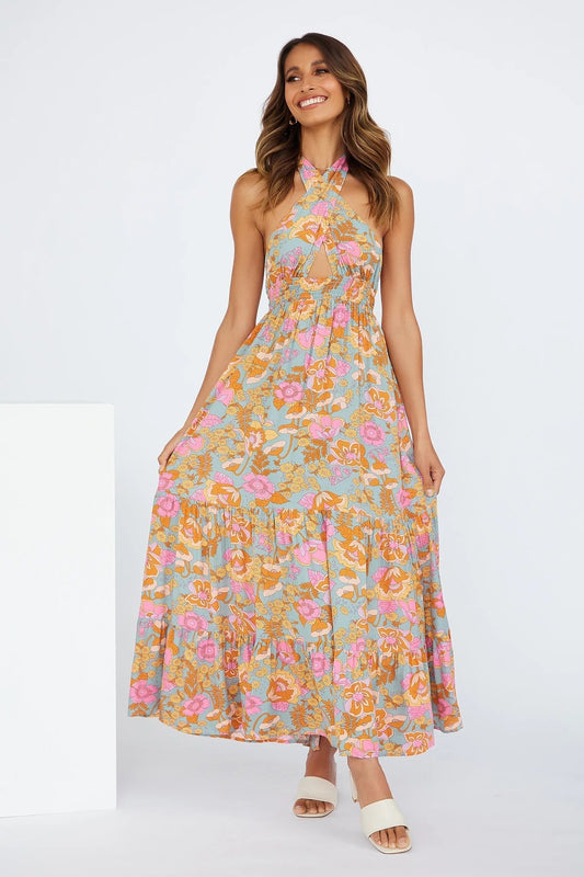 Love Games Printed Backless Halter Maxi Dress