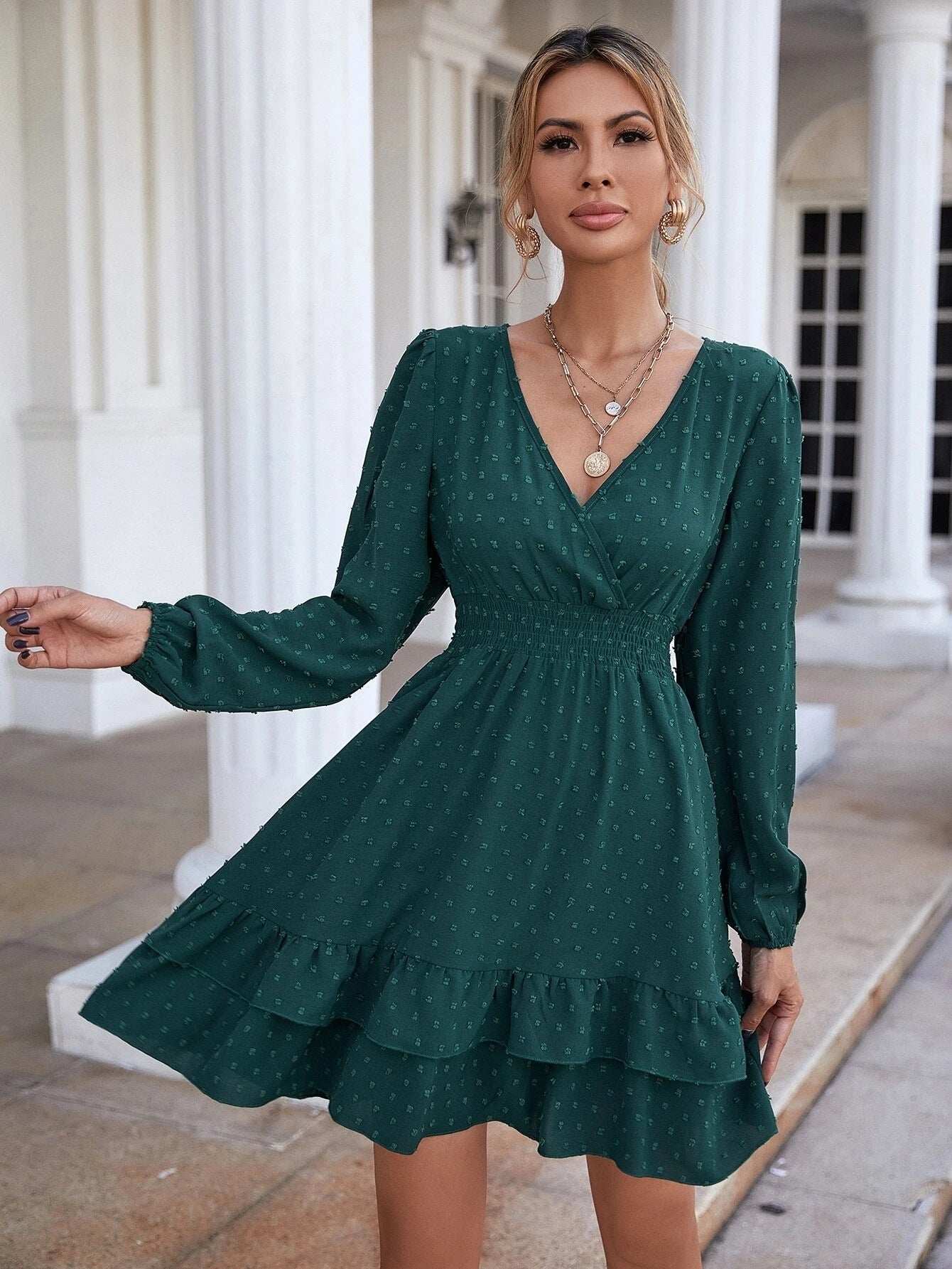 Samar Satin Embossed Cowl Neck Dress - Hunter Green