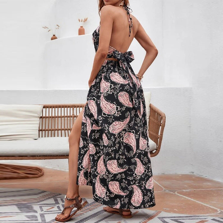 Flume Palm Print Cutout Slit Maxi Dress