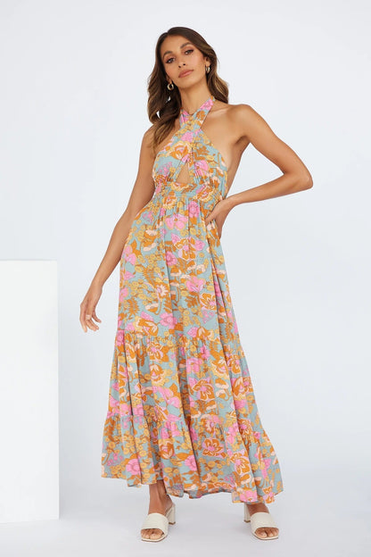 Love Games Printed Backless Halter Maxi Dress