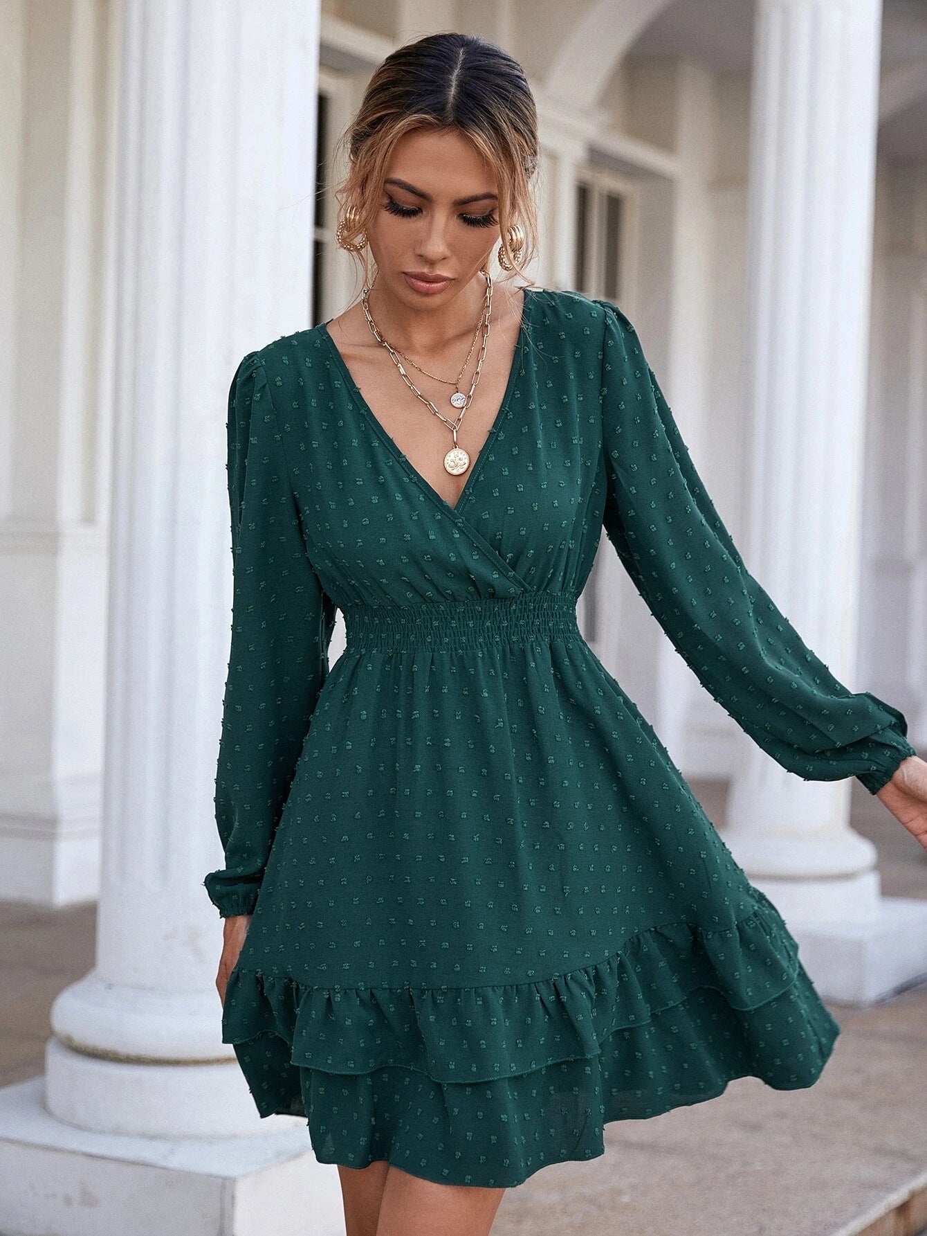 Samar Satin Embossed Cowl Neck Dress - Hunter Green