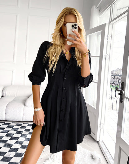 Sarabeth Pintuck Button Down Shirt Dress - Black