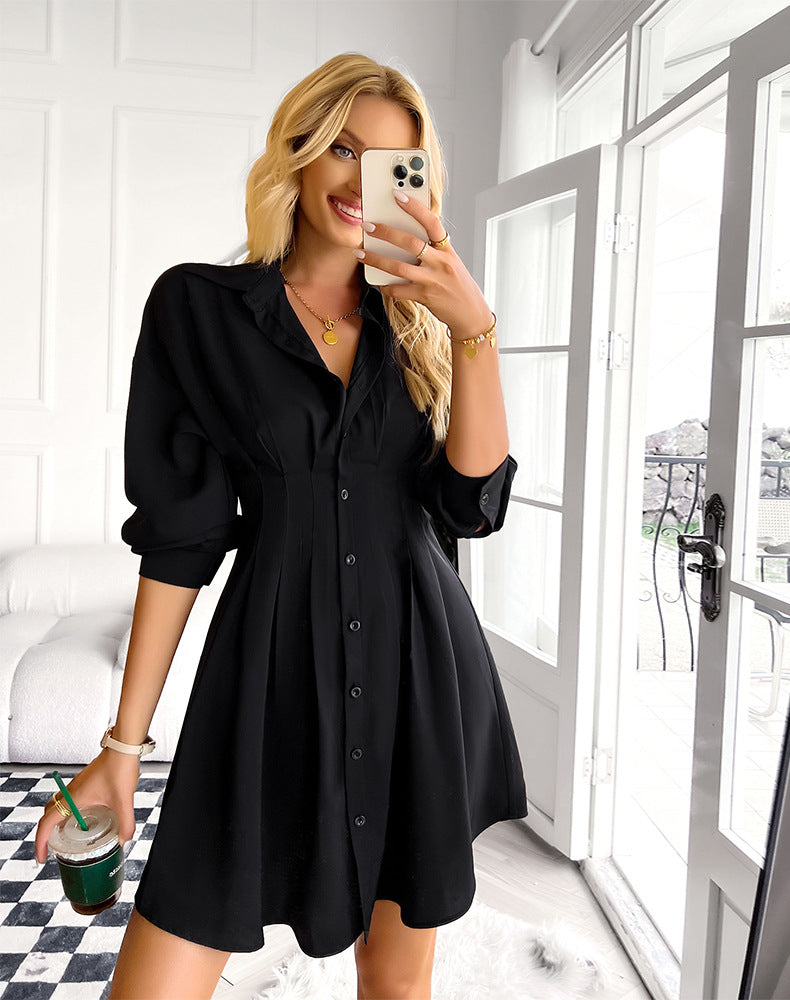 Sarabeth Pintuck Button Down Shirt Dress - Black