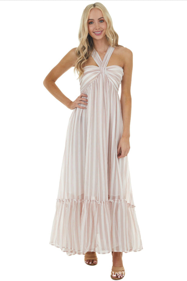 Evelyn Striped Halter Maxi Dress - Blush Multi