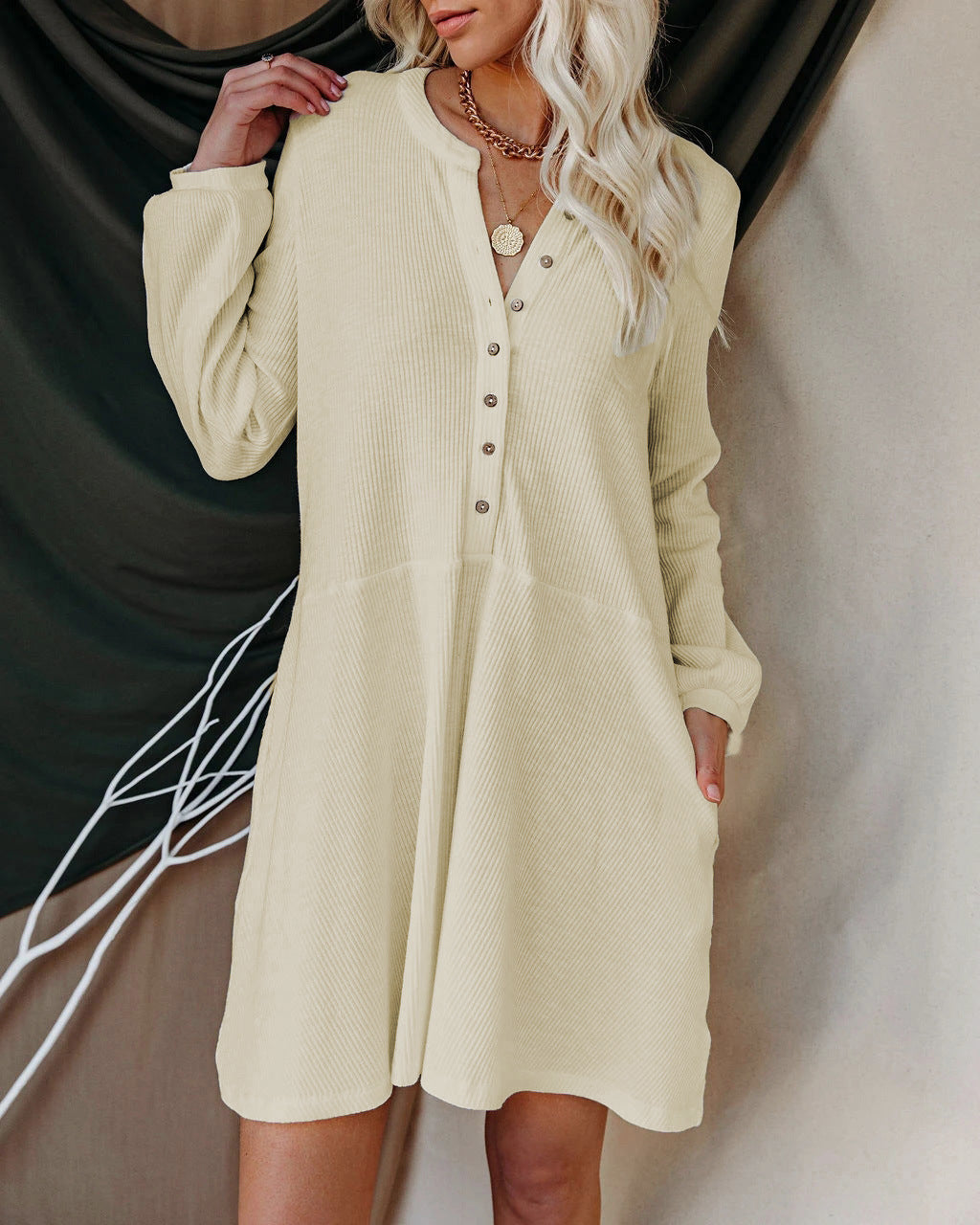 Verity Cotton Blend Pocketed Henley Dress - Oatmeal - FINAL SALE