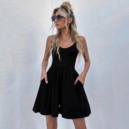 Fine By Me Pocketed Smocked Dress - Black