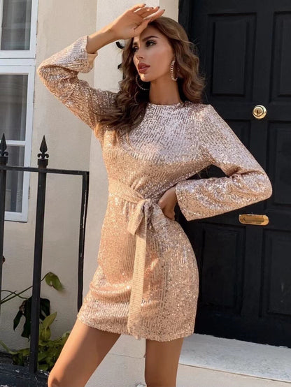 Be A Doll Sequin Tie Dress - Champagne - FINAL SALE