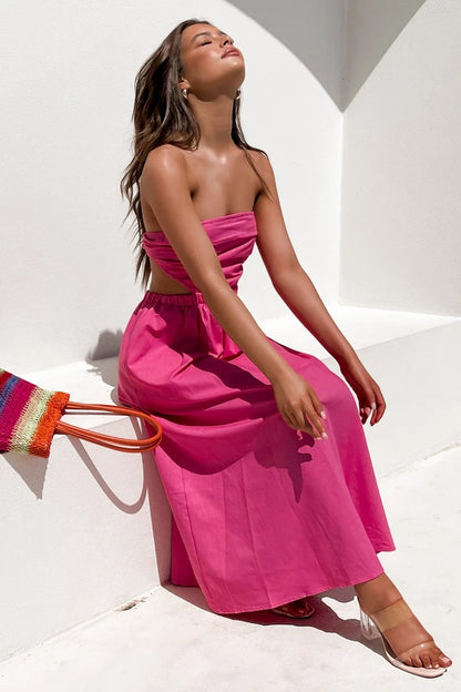 Head Over Heels Strapless Satin Maxi Dress - Pink