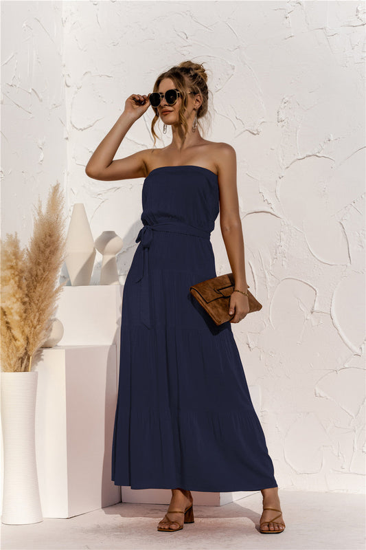 Free Falling Strapless Tiered Maxi Dress - Deep Navy