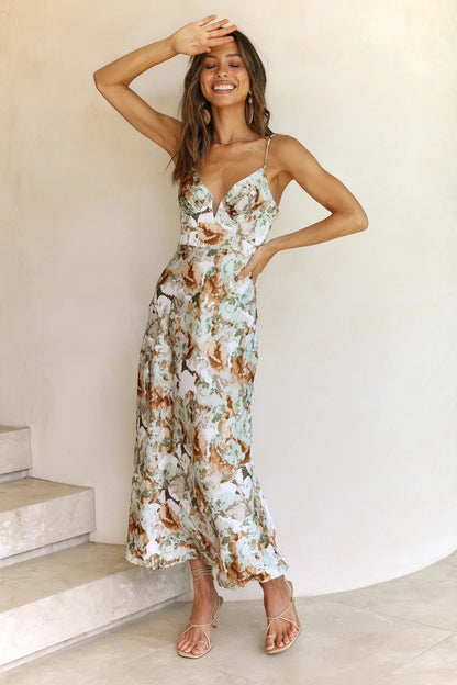 Emmerson Satin Floral Ruffle Maxi Dress - Sage