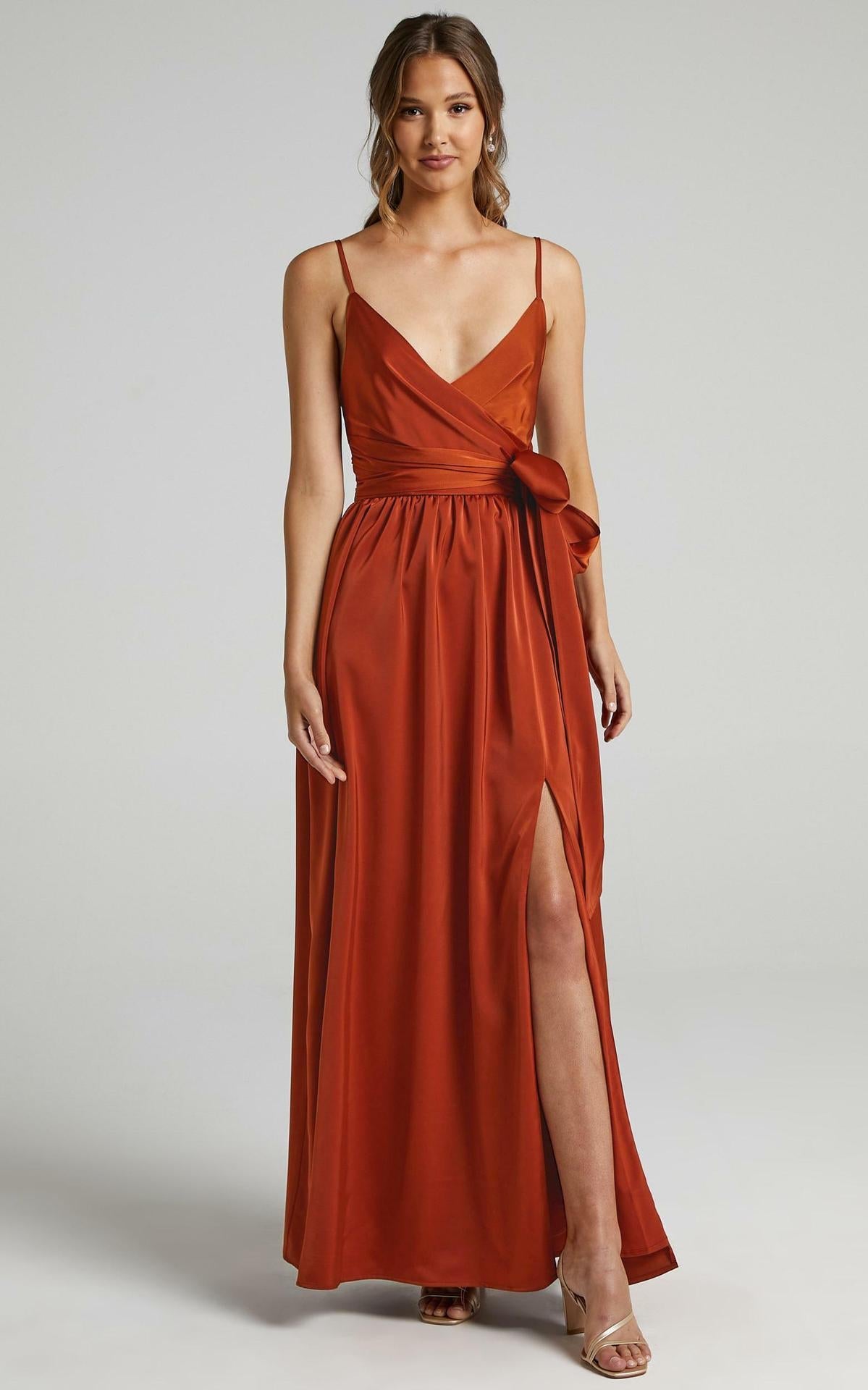 Limelight Satin High Low Maxi Dress - Camel