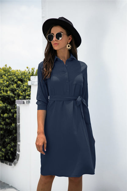 Office Chic Button Down Shirt Dress - Navy