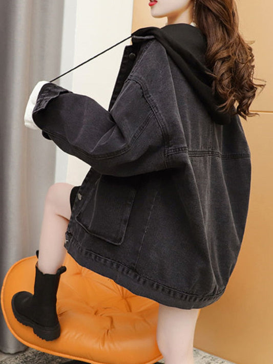 KittenAlarm - Streetwear Black Denim Jackets Women Korean Fashion Patchwork Hooded Spring Jacket Casual Chaquetas Veste En Jeans Pour Femme