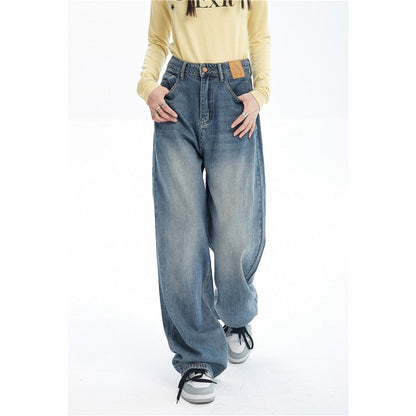 KittenAlarm - Women Blue Jeans Contrasting Colors High Waist American Street Wide Leg Pants Fashion Baggy Vintage Straight Autumn New Trousers