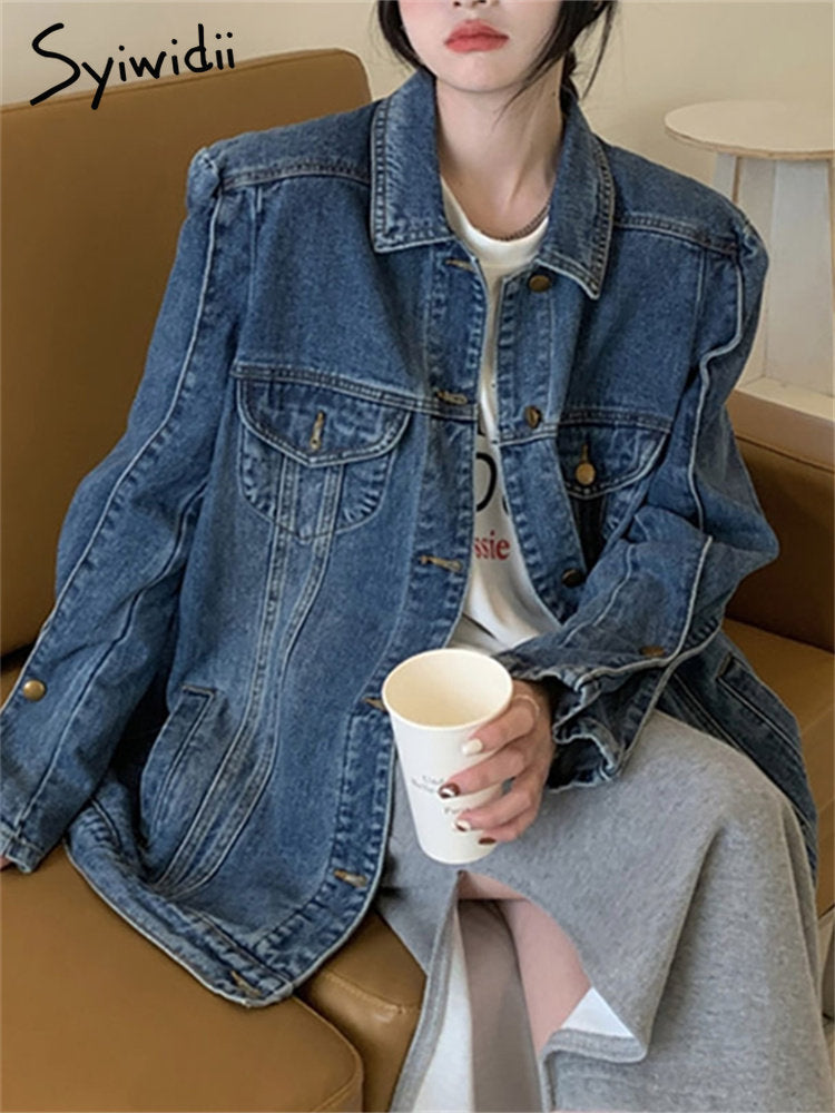 KittenAlarm - Vintage Jeans Jacket for Women 2024 New Korean Fashion Long Sleeve Turn Down Collar Coats Chic Casual Oversized Jackets