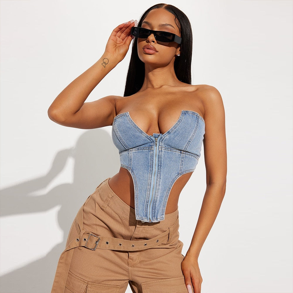 KittenAlarm - Summer New Irregular Strapless Zipper Denim Crop Top Corset Women Blue Jeans Tube Tops Party Clubwear Streetwear Clothes