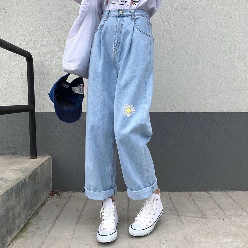 KittenAlarm - Korean Loose Daisy Jeans Women Fashion New High Waist Straight Denim Pants Maxi Wide-leg Cropped Trousers Female S-5XL