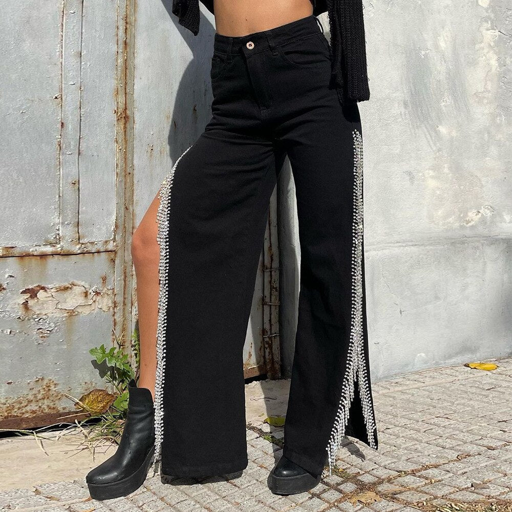 KittenAlarm - High Waisted Side Split Out Jeans Women Casual Loose Cargo Black Pants Streetwear Summer Wide Leg Long Baggy Y2k Jeans
