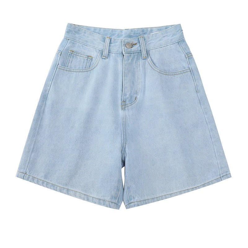 KittenAlarm - Women's Short Summer High Waist Jeans Baggy Straight Five Points Trousers Streetwear Vintage Mom Denim Wide Leg Short Pants