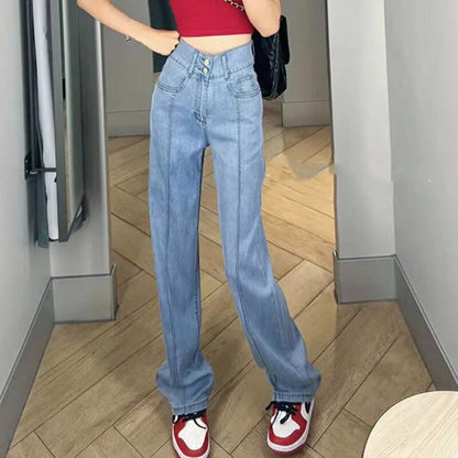 KittenAlarm - Vintage Jeans for Women 2024 New High Waisted Korean Fashion 2 Button Slim Straight Jeans Streetwear Chic Casual Jeans