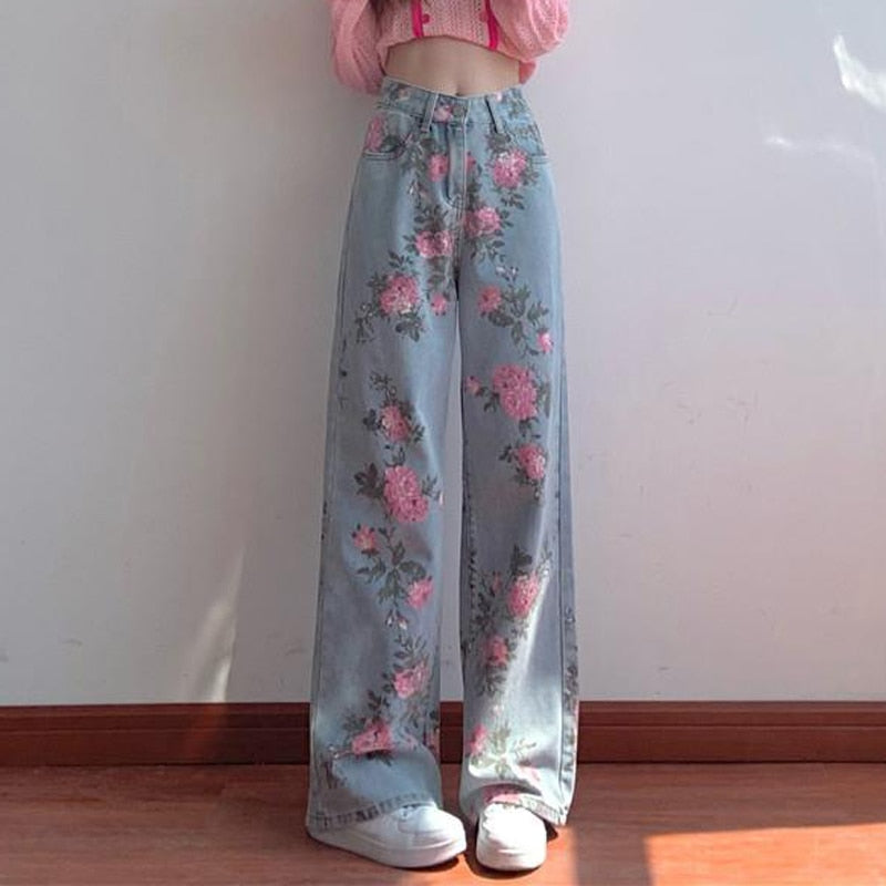 KittenAlarm - High Waist Flower Pattern Wide Leg Jeans Pants