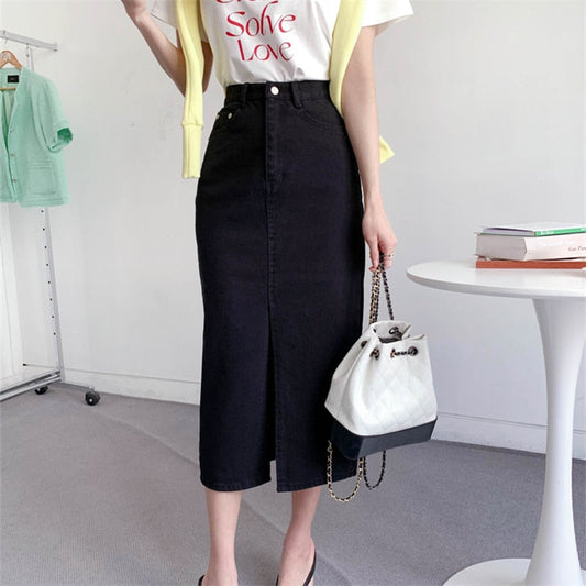 KittenAlarm - Split Jeans Skirt for Women 2024 New High Waisted Slim Korean Fashion Chic Pencil Skirt Vintage Casual Prink Midi Skirt