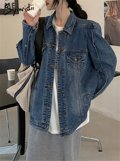 KittenAlarm - Vintage Jeans Jacket for Women 2024 New Korean Fashion Long Sleeve Turn Down Collar Coats Chic Casual Oversized Jackets