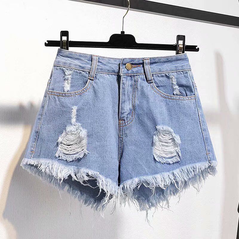KittenAlarm - Casual High Waist Denim Shorts Women Summer  Pocket Tassel Hole Ripped jeans Short Female Femme Short Pants Women