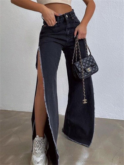 KittenAlarm - High Waisted Side Split Out Jeans Women Casual Loose Cargo Black Pants Streetwear Summer Wide Leg Long Baggy Y2k Jeans
