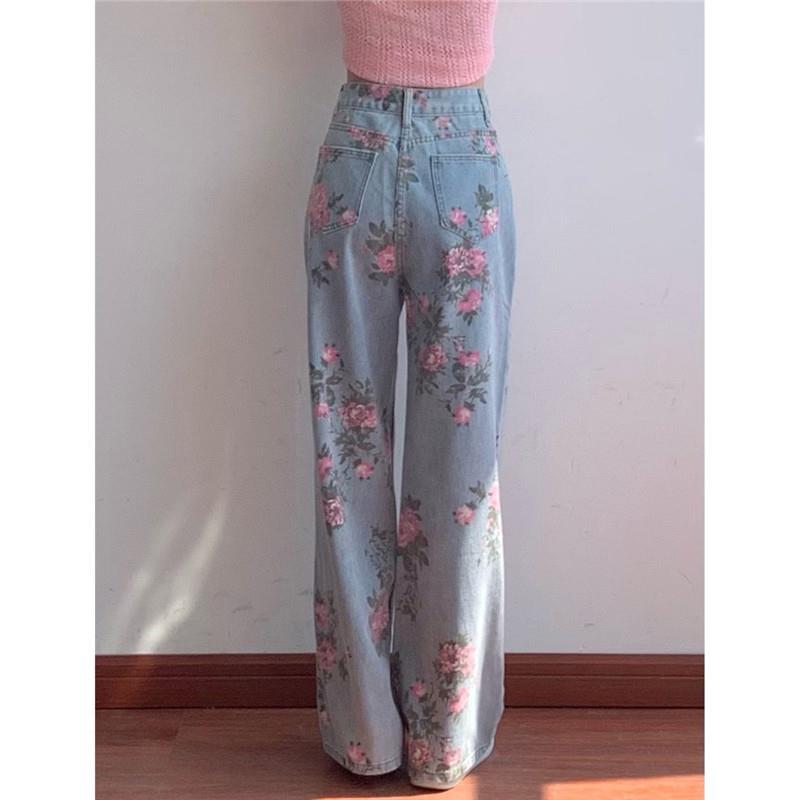 KittenAlarm - High Waist Flower Pattern Wide Leg Jeans Pants