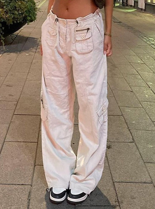 KittenAlarm - Women Spring Fashion Multi Pockets White Cargo Pants Women Adjustable Low Waist Baggy Wide Leg Jeans Oversized Casual Trousers Retro Bottoms Iamhotty